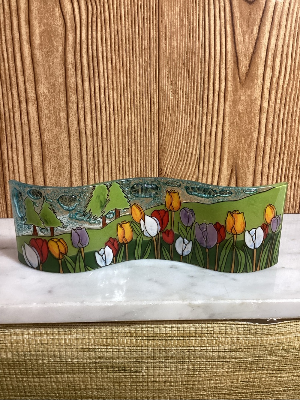 Handmade Fused Glass Painted Tulips in a Field Decorative